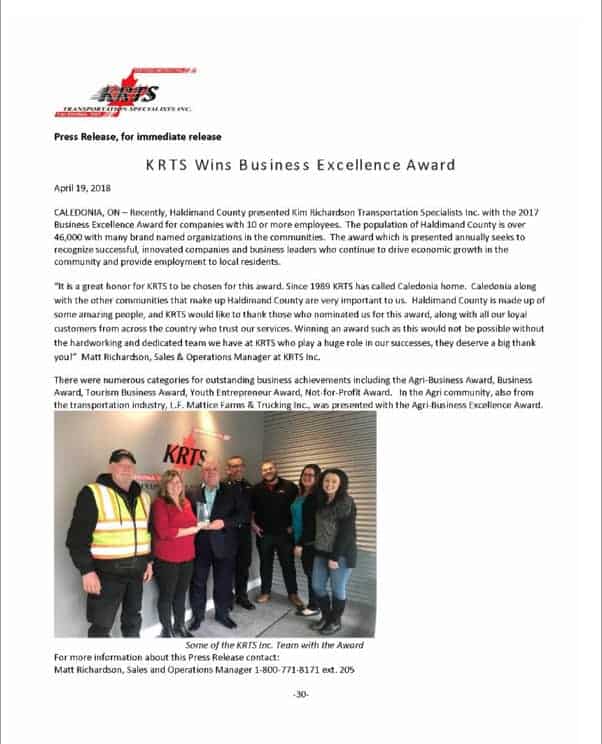 KRTS Wins Business Excellence Award